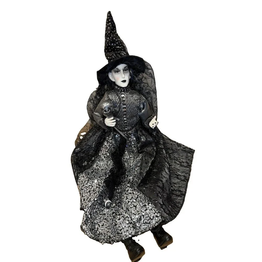26” Witch W/Skull Black White Dress Posable Legs Shelf Sitting Halloween Decor